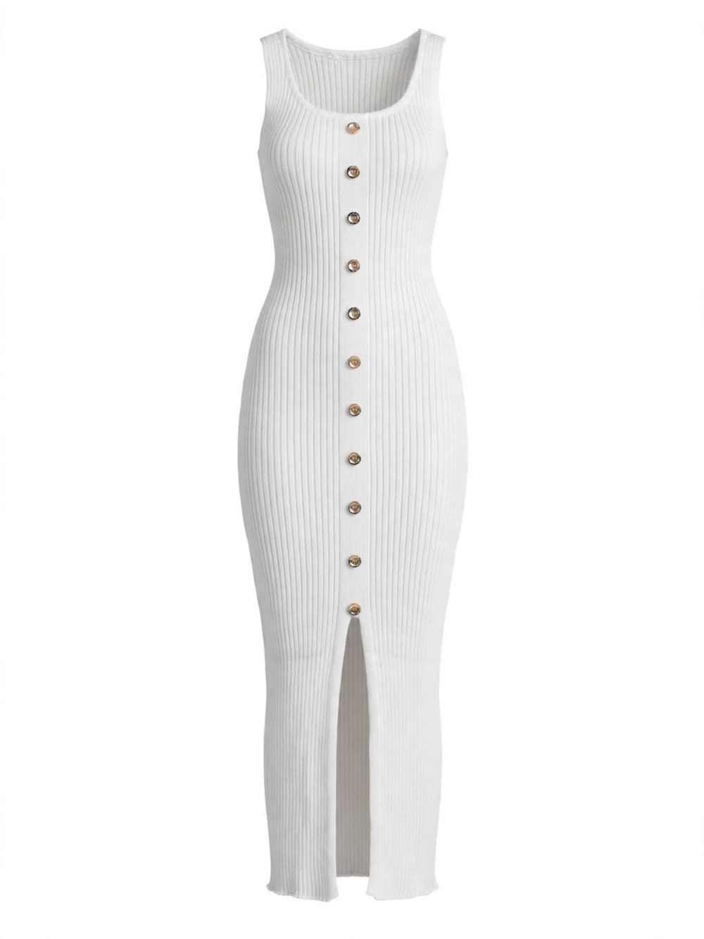Sleeveless Ribbed Button-Front Midi Dress in White